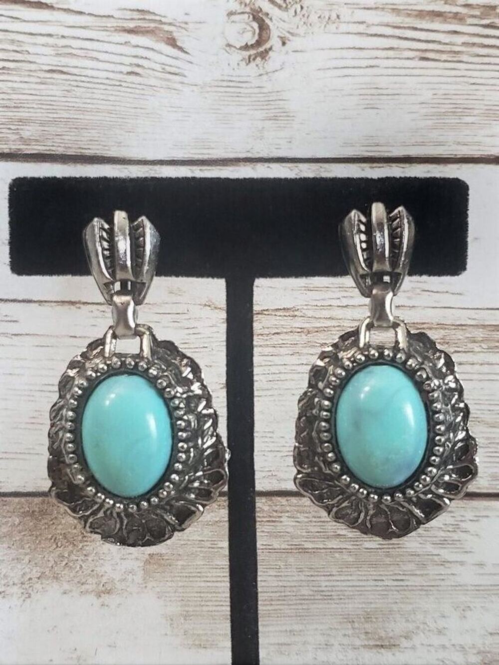 Vintage Screw Back Earrings - Stunning Silver Tone & Turquoise Tone Large Dangle